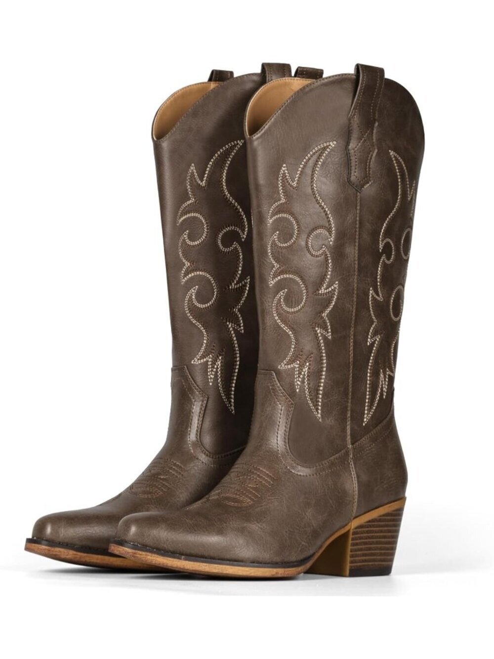 Women’s Bronze Western Cowgirl Cowboy Boots Mid-Calf Snip Toe Chunky Heel